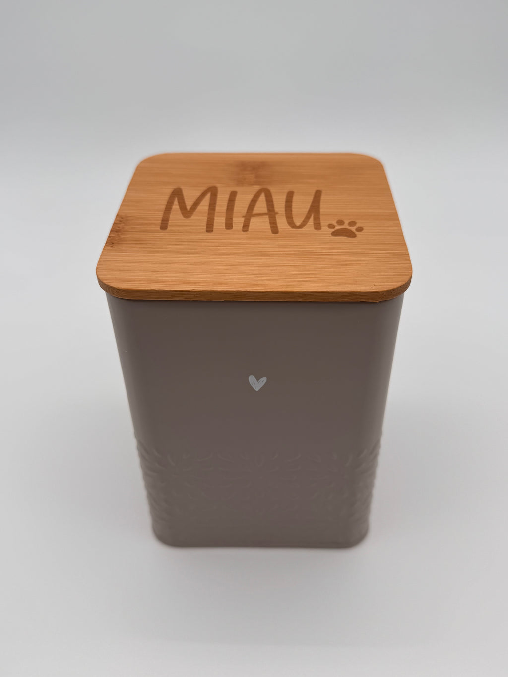Katzenleckerli-Dose mit Bambusdeckel "Miau"
