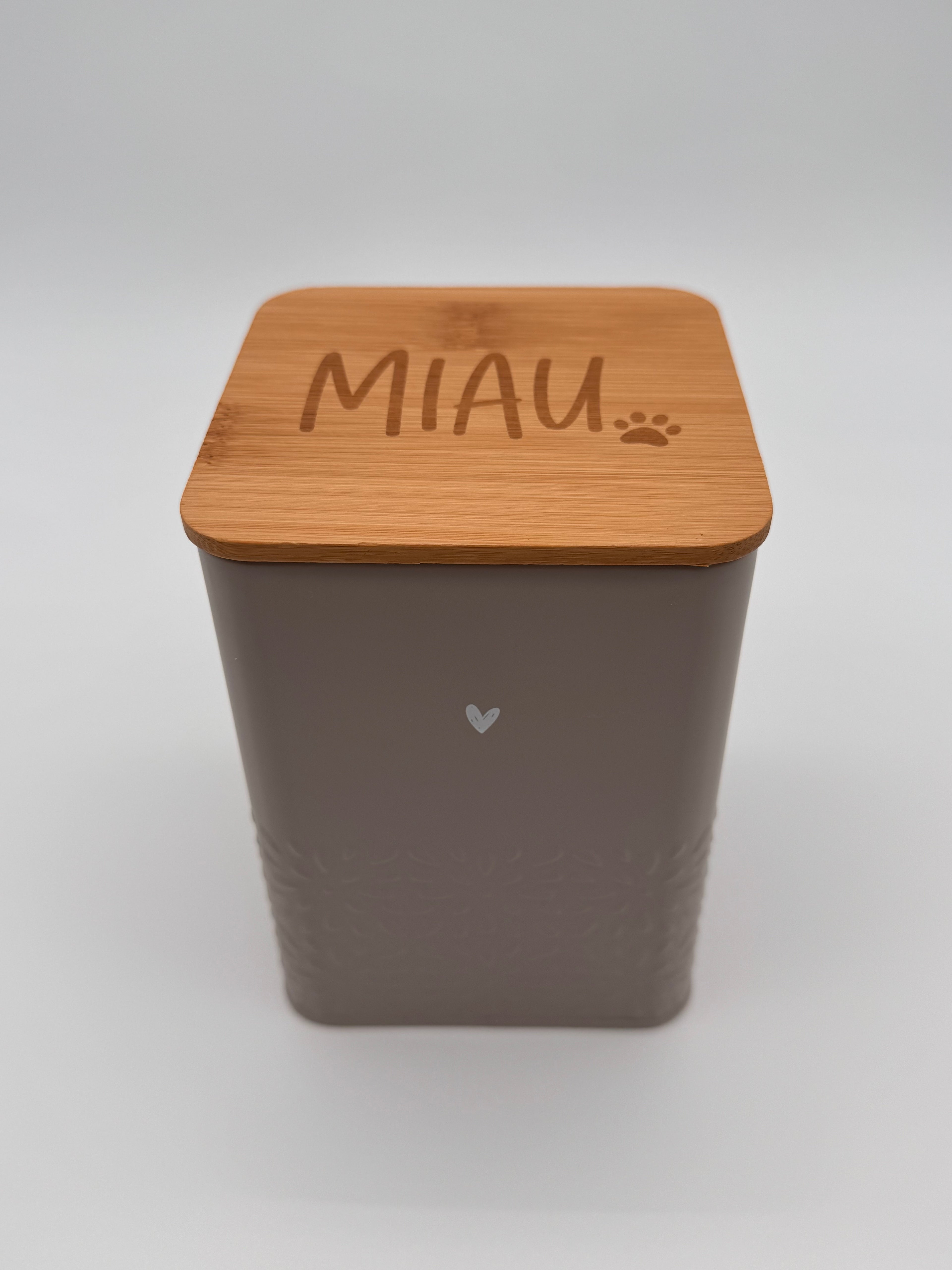 Katzenleckerli-Dose mit Bambusdeckel "Miau"