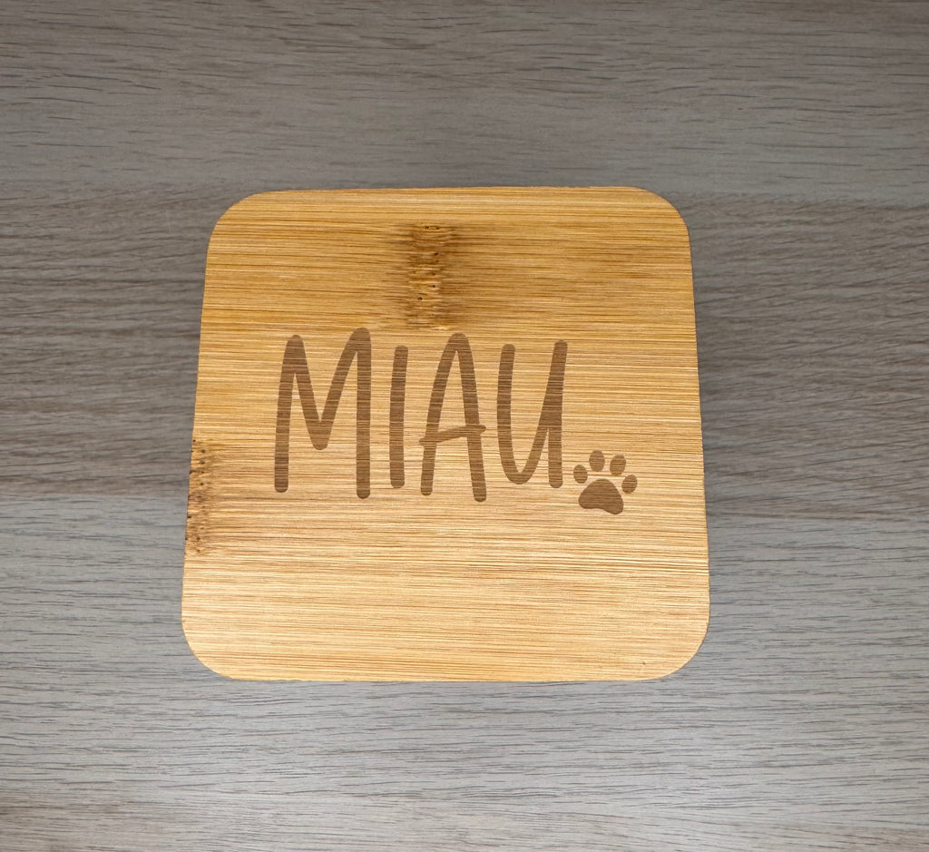 Katzenleckerli-Dose mit Bambusdeckel "Miau"