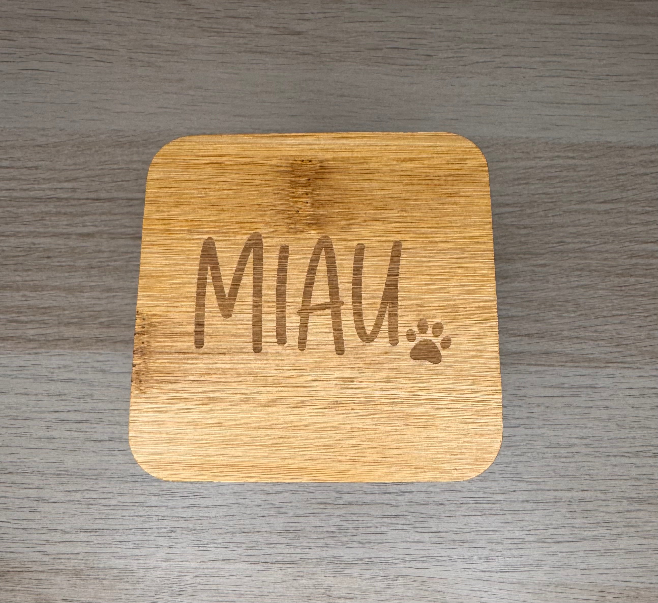 Katzenleckerli-Dose mit Bambusdeckel "Miau"