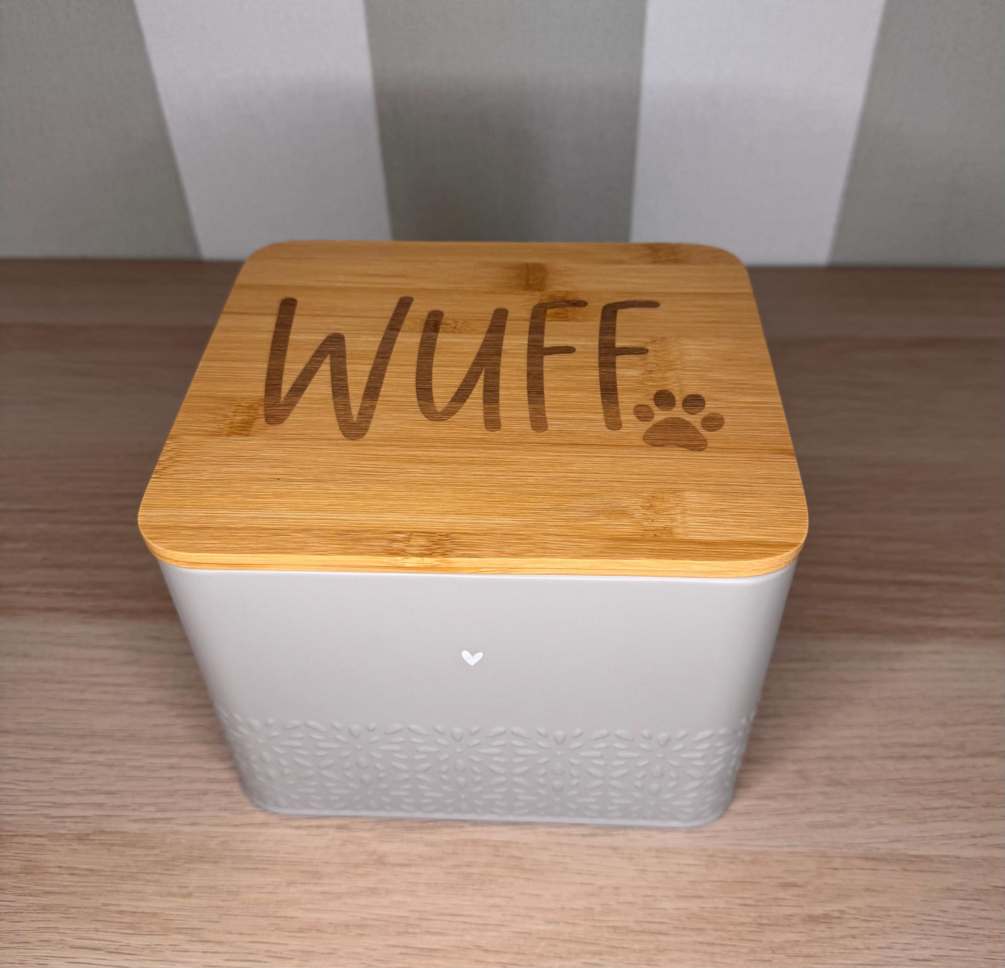 Hundeleckerli-Dose mit Bambusdeckel "Wuff"