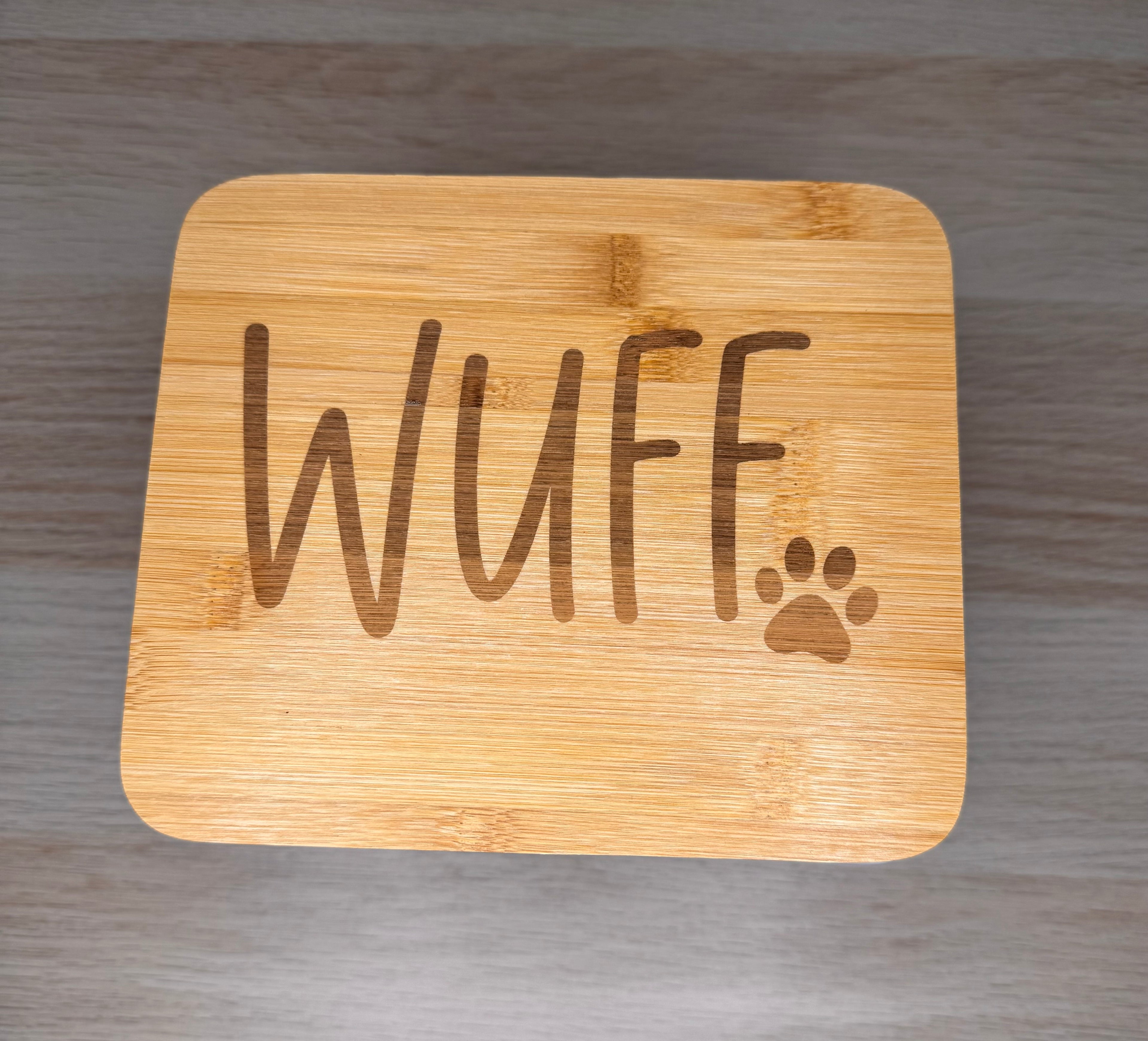 Hundeleckerli-Dose mit Bambusdeckel "Wuff"