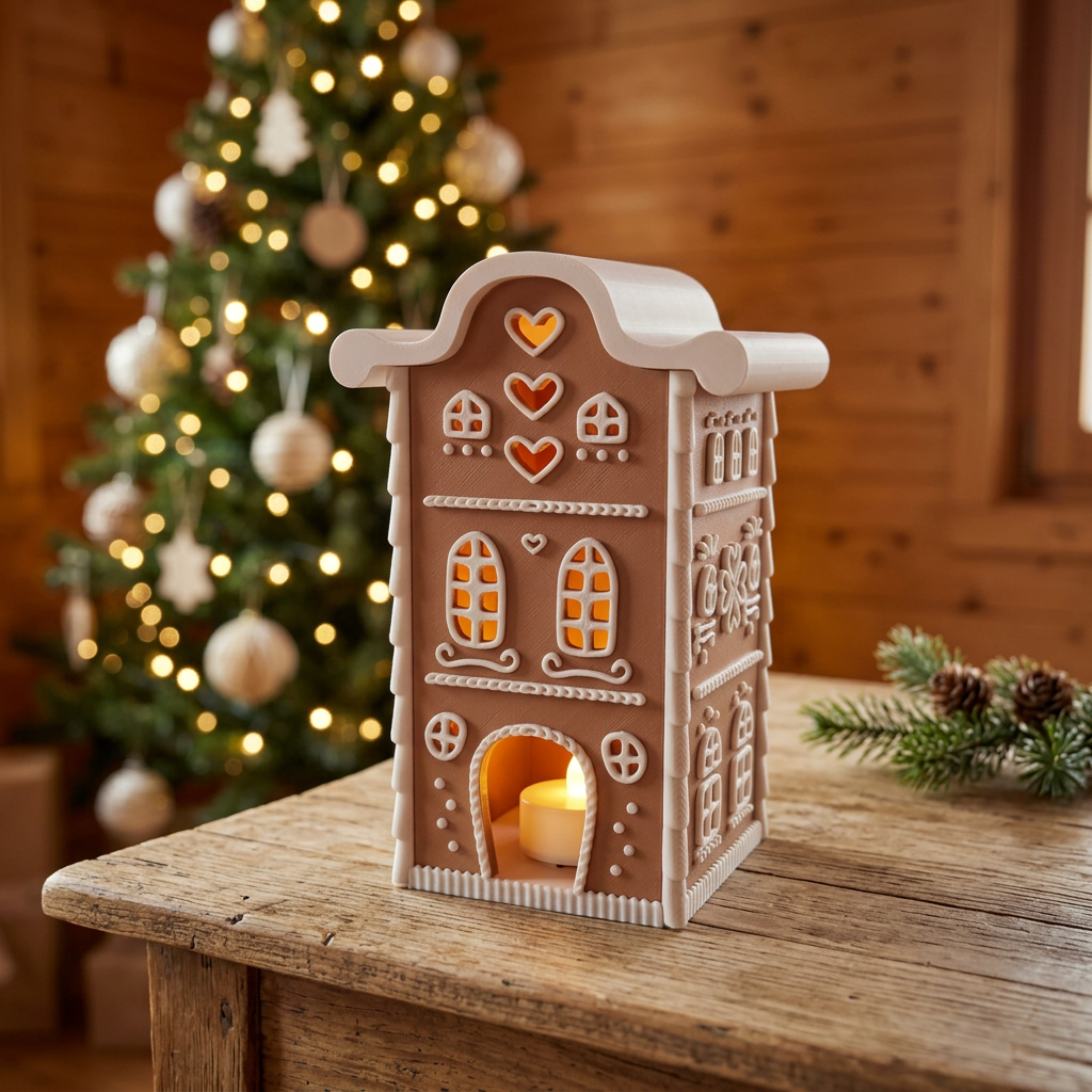 Beleuchtetes Lebkuchenhaus auf einem Beistelltisch im weihnachtlichen Chalet-Stil
