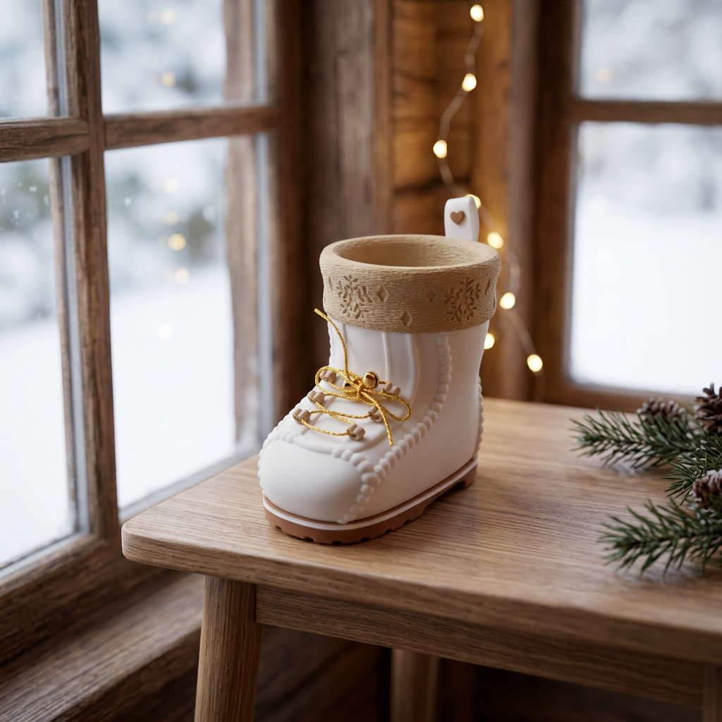 Kleiner Santa-Boot auf einem Beistelltisch im weihnachtlichen Chalet-Stil