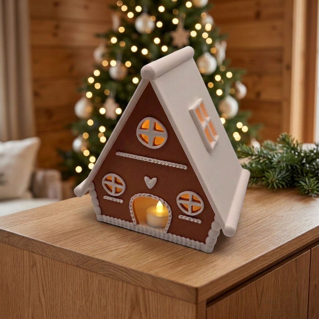 Lebkuchenhäuschen mit LED-Teelicht auf einem Sideboard im weihnachtlichen Chalet-Stil