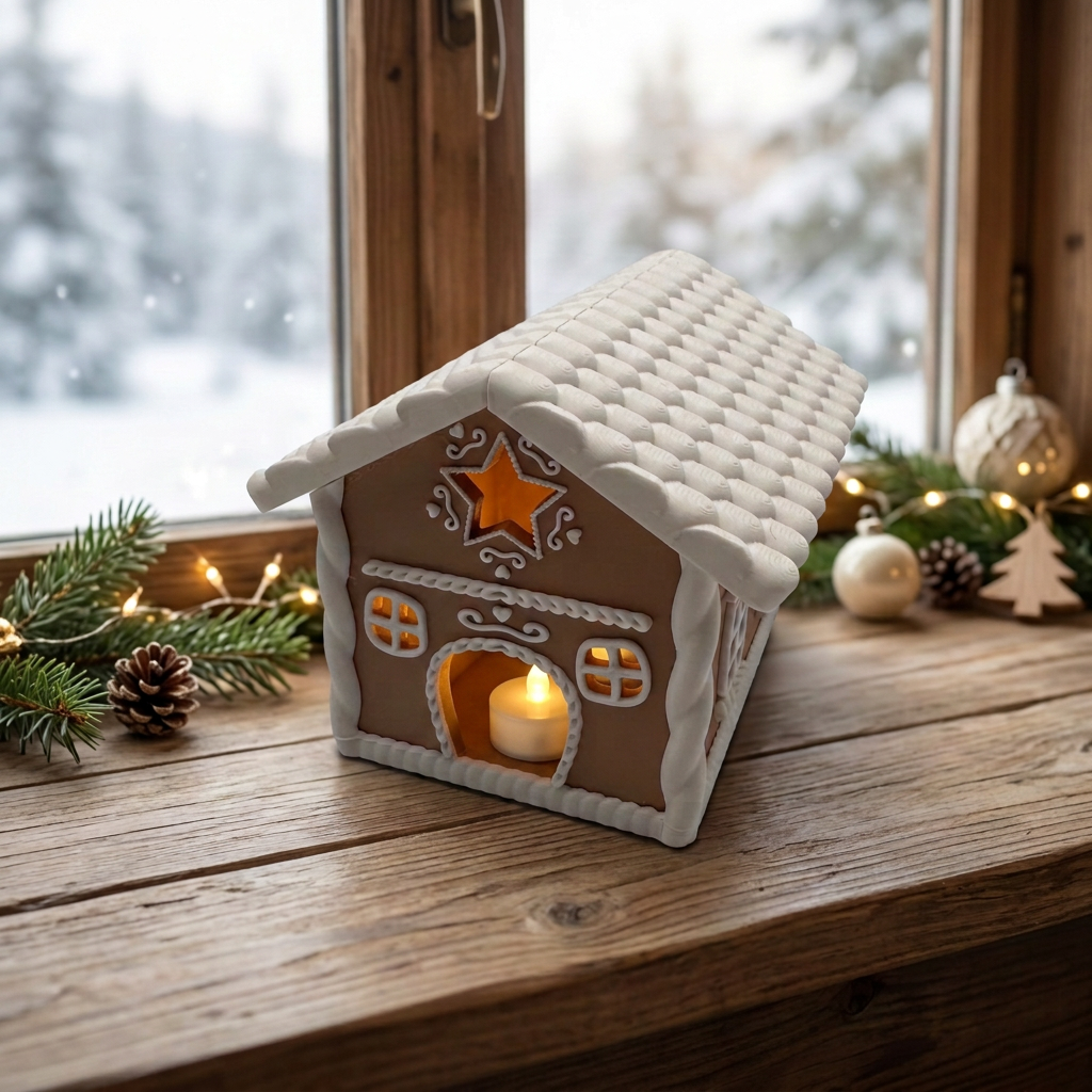 Lebkuchenhaus mit warm leuchtendem LED-Teelicht auf einer weihnachtlichen Chalet-Fensterbank