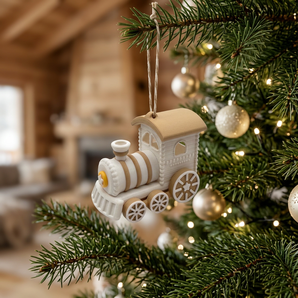 Lokomotive als Anhänger an einem festlich geschmückten Weihnachtsbaum im Chalet-Stil