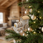 Lokomotive als Anhänger an einem festlich geschmückten Weihnachtsbaum im Chalet-Stil