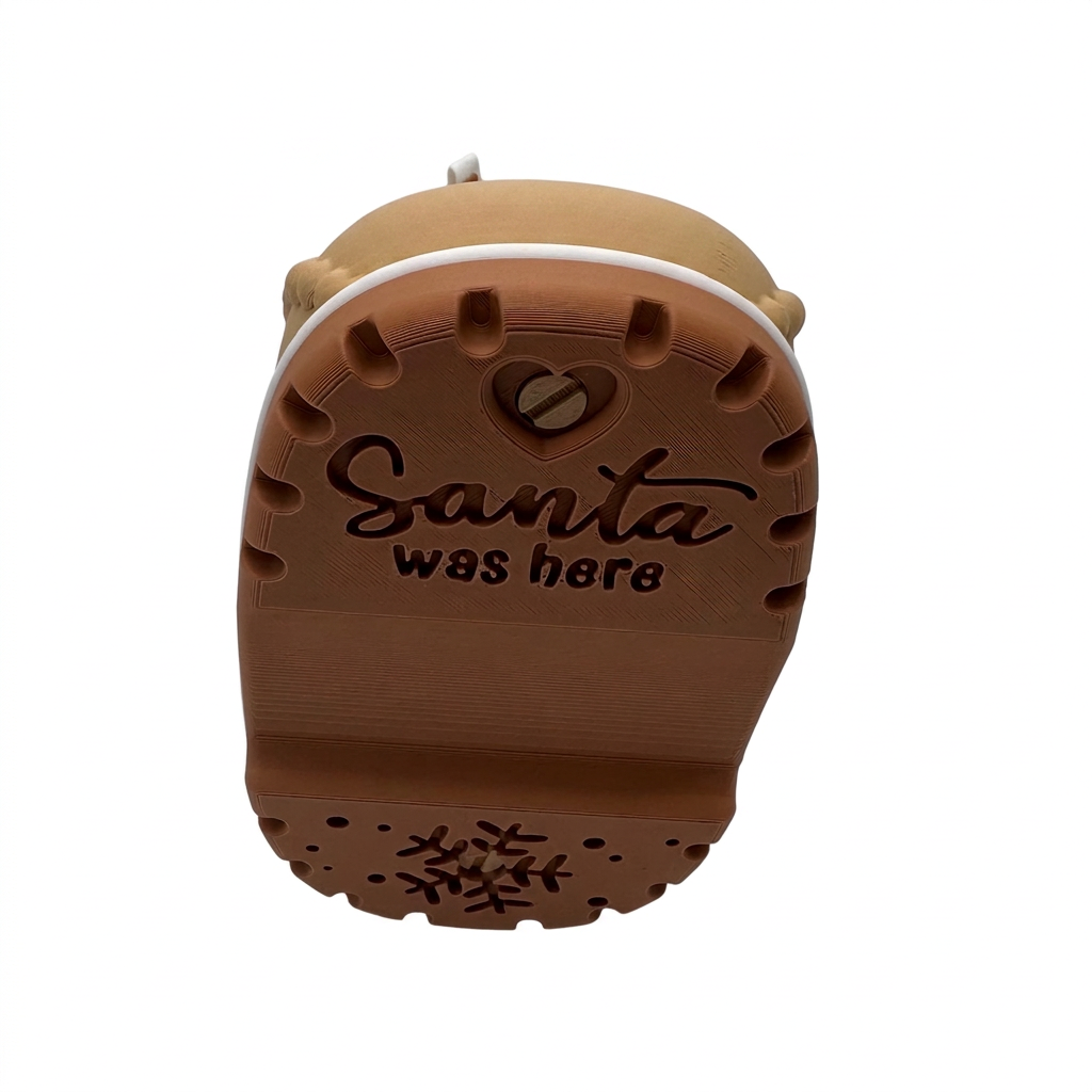 Santa-Boot mit sichtbarer Sohle und Schriftzug vor reinweißem Hintergrund