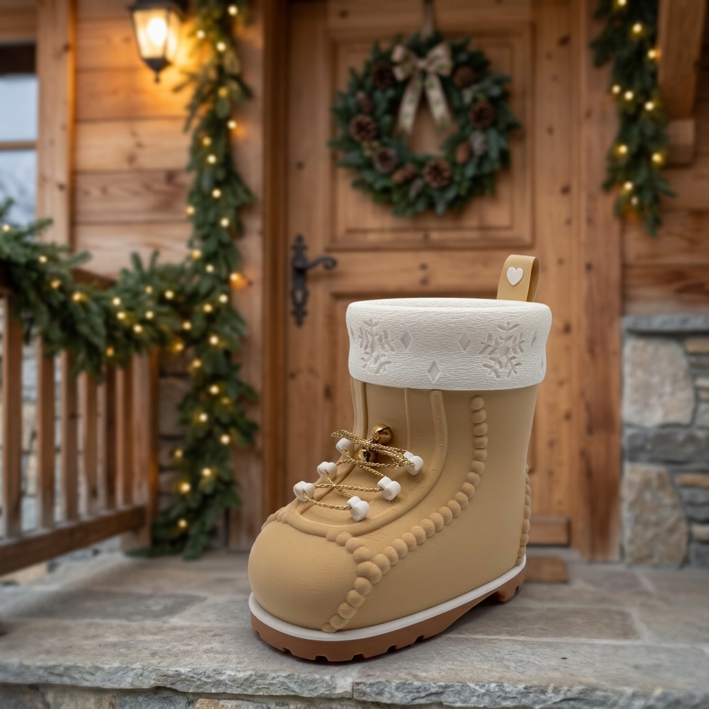Santa-Boot vor einer weihnachtlich geschmückten Eingangstür im Chalet-Stil
