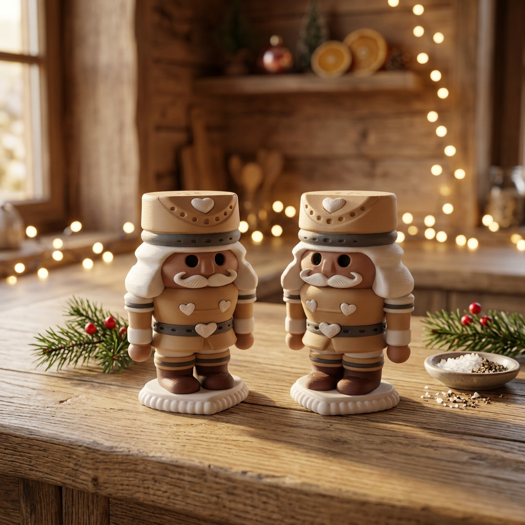 Streuer in leicht schräger Ansicht auf einer Arbeitsplatte in weihnachtlicher Chalet-Küche