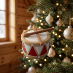 Trommel als Baumanhänger an einem Weihnachtsbaum im gemütlichen Chalet-Stil